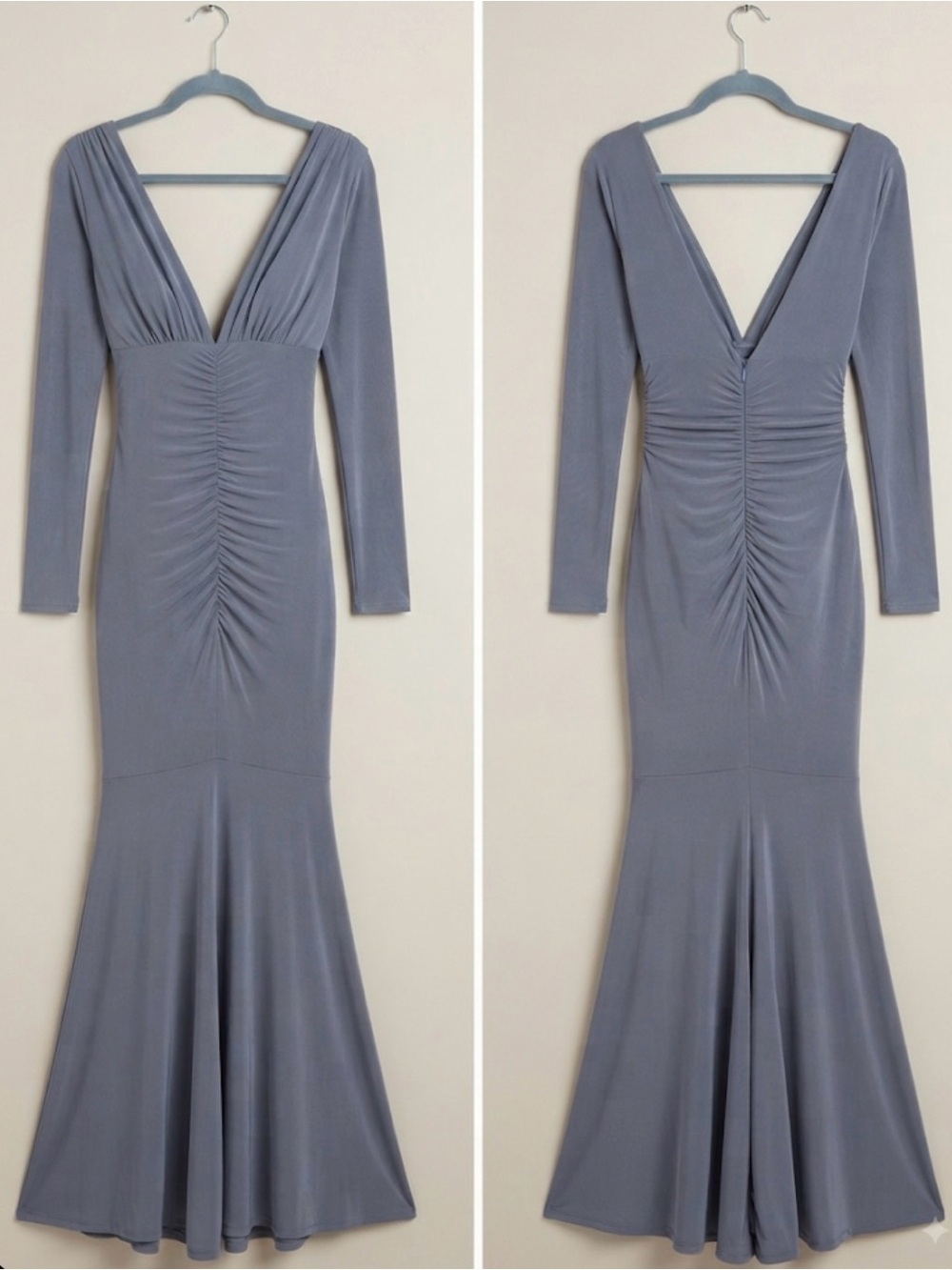 Lulu's Blue Long Sleeve V-Neck Ruched Maxi Dress - Picture 4 of 5